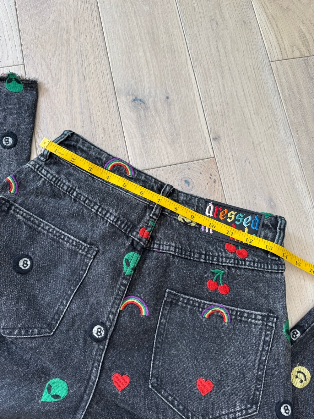 Dressed in LALA Black Wide Leg Jeans with Red, Green, Yellow Embroidery - Picture 7 of 10